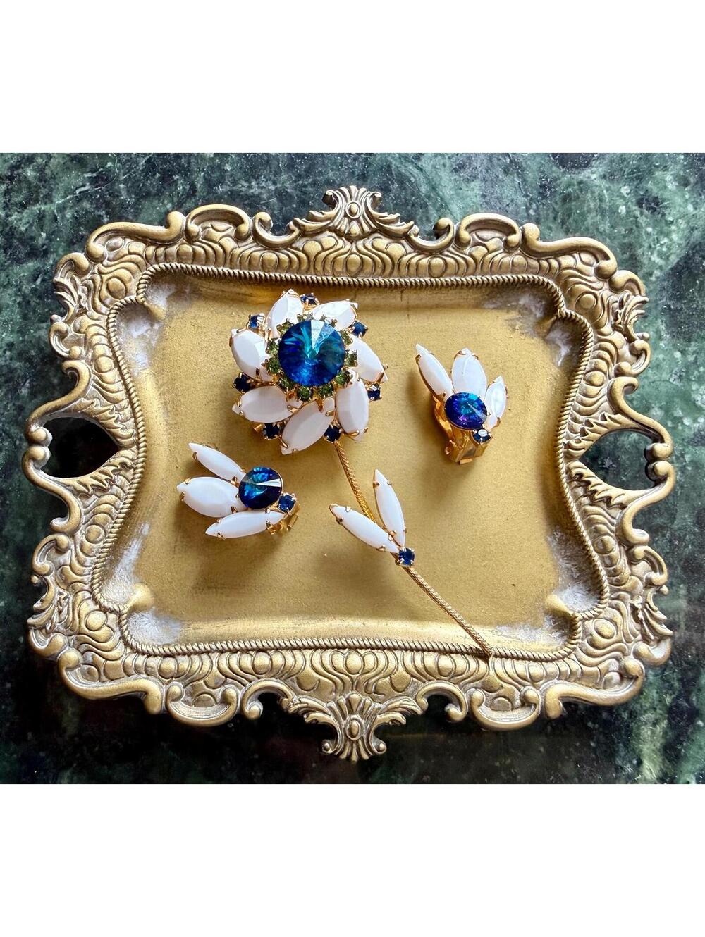 Milk Glass Floral Brooch and Earrings – Sapphire Rivoli Demi Parure